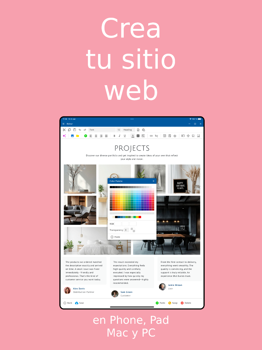 Aplicación de creación de sitios web - Crear sitios a través de la app en iOS y Android – Vista en tablet.