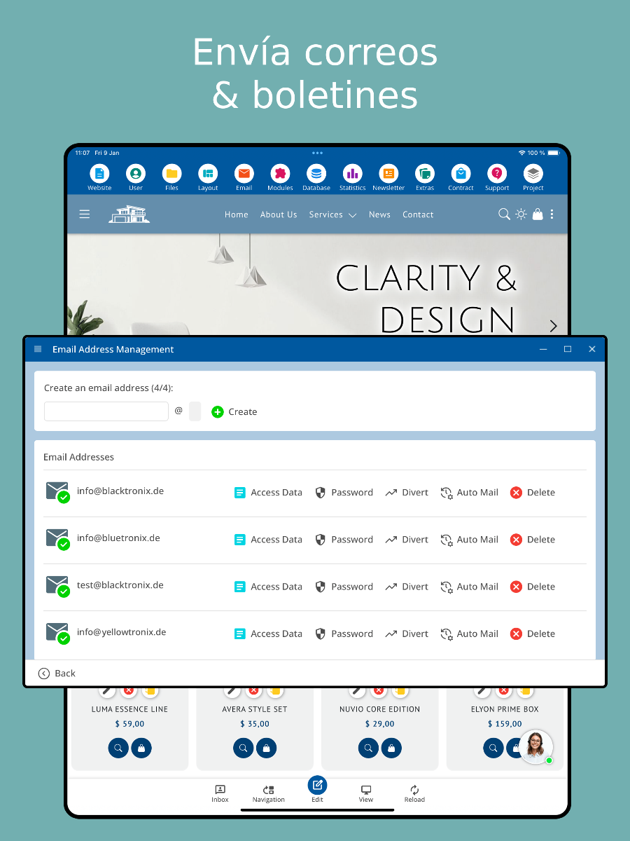 Envío de newsletters a través de la app – Vista en tablet.