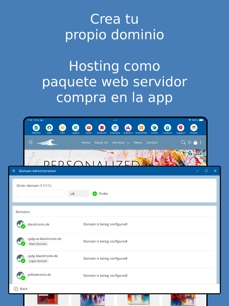 Gestión de dominios en la app – Captura de pantalla de tablet.
