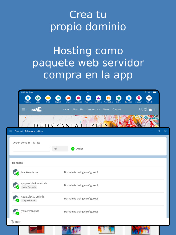 Gestión de dominios en la app – Captura de pantalla de tablet.