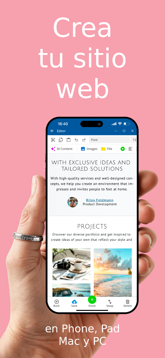 Aplicación de creación de sitios web - Crear sitios a través de la app en iOS y Android – Vista en teléfono.