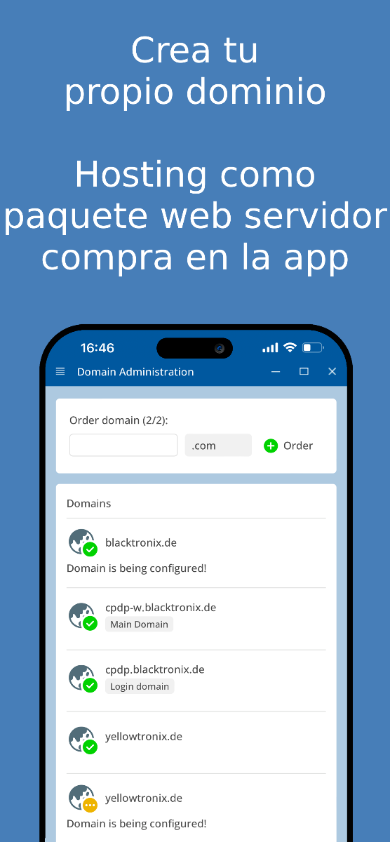 Crear y gestionar tu propio dominio – Captura de pantalla de la app.