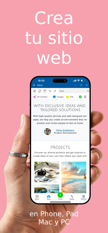 Aplicación de creación de sitios web - Crear sitios a través de la app en iOS y Android – Vista en teléfono.