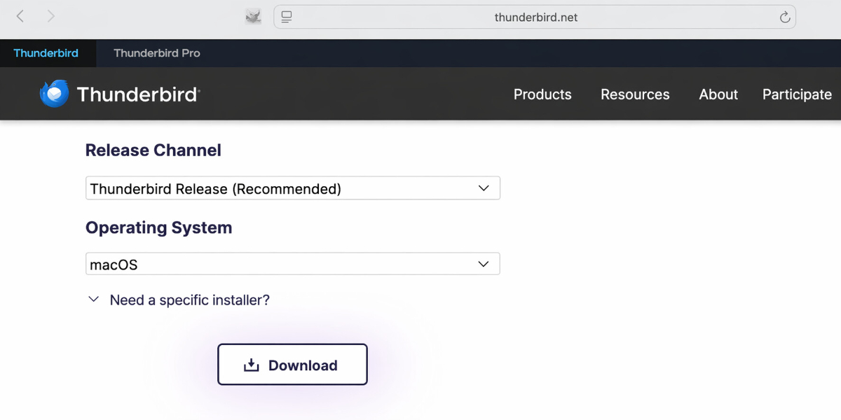 Thunderbird-Webseite auf dem Mac mit Download-Bereich zum Herunterladen des E-Mail-Programms